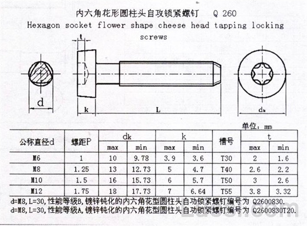 q 260 内六角花形圆柱头自攻锁紧螺钉