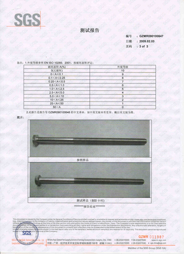 强鑫生产的304不锈钢螺丝通过500小时SGS盐雾测试!!