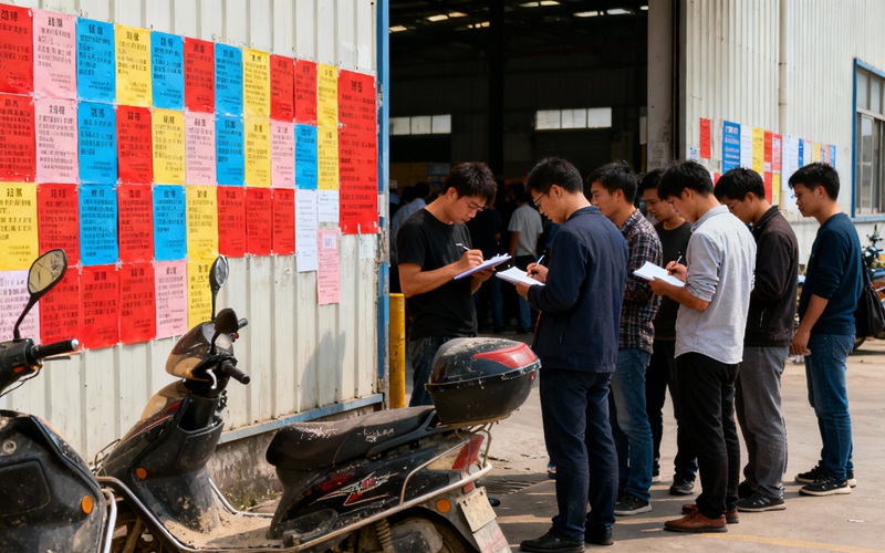 jimeng-2025-11-10-6846-写实摄影风格，从侧面角度拍摄的工厂门口场景，重点展现招聘海报墙和围观的求职者，�?.._副本.jpg