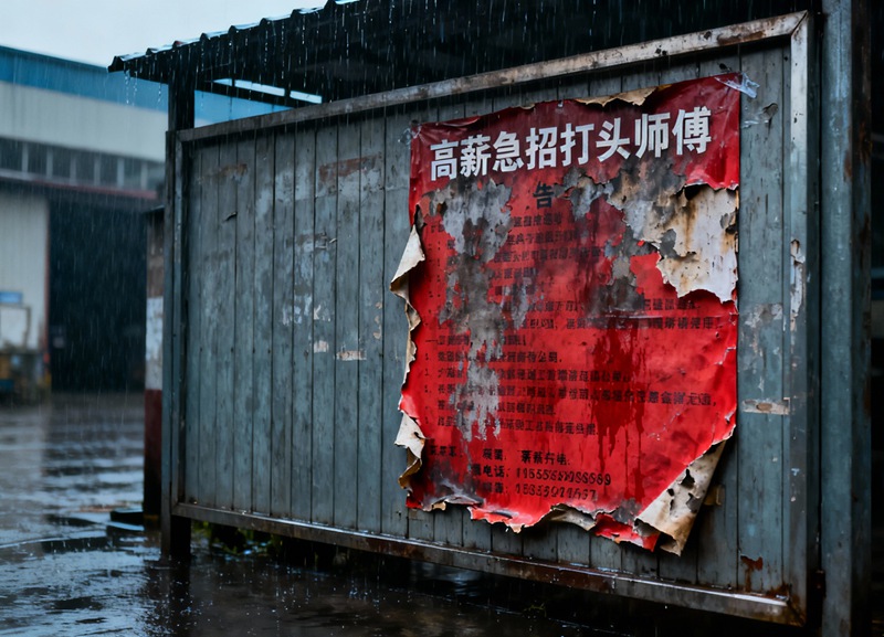jimeng-2025-12-04-6811-工厂大门口的公告栏，公告栏是金属或木质的板子，上面贴着一张被雨水严重侵蚀的红色招..._副本.jpg