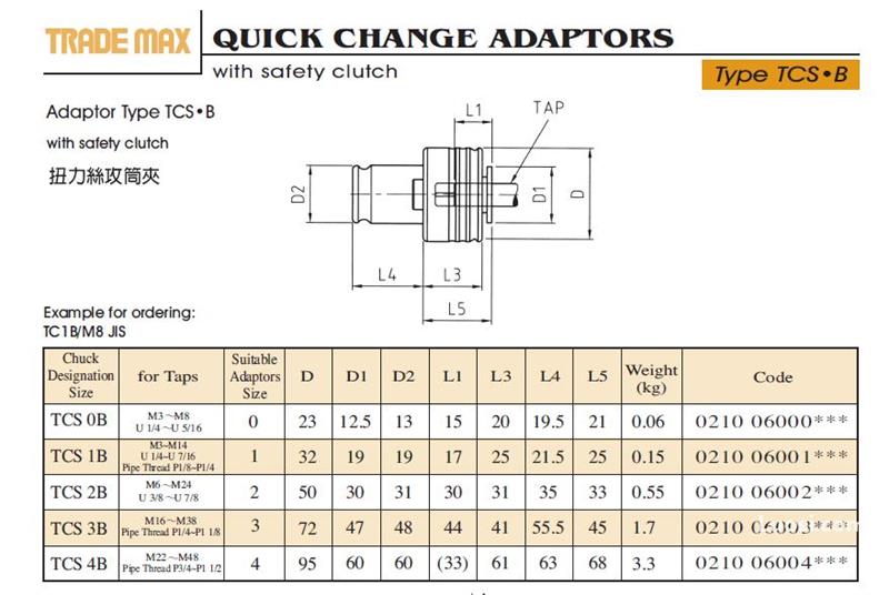 台湾Trade Max贸巨扭力丝攻筒夹丝锥夹头TCS0B TCS1B TCS3B TCS4B