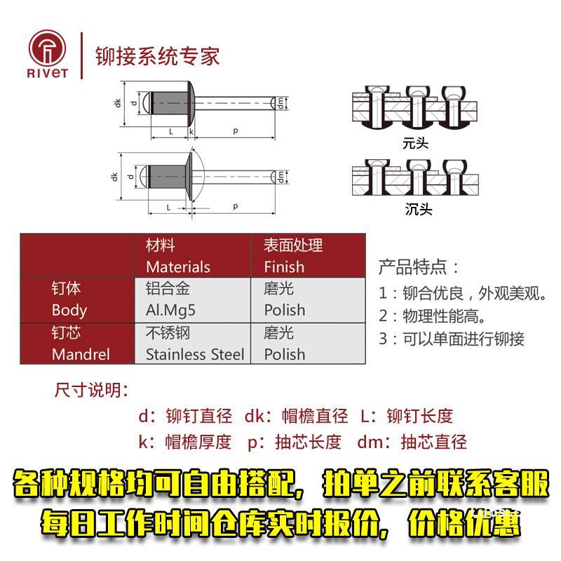 GB 12618.1 开口型平圆头抽芯铆钉 10、11级 铝帽铁芯HBK