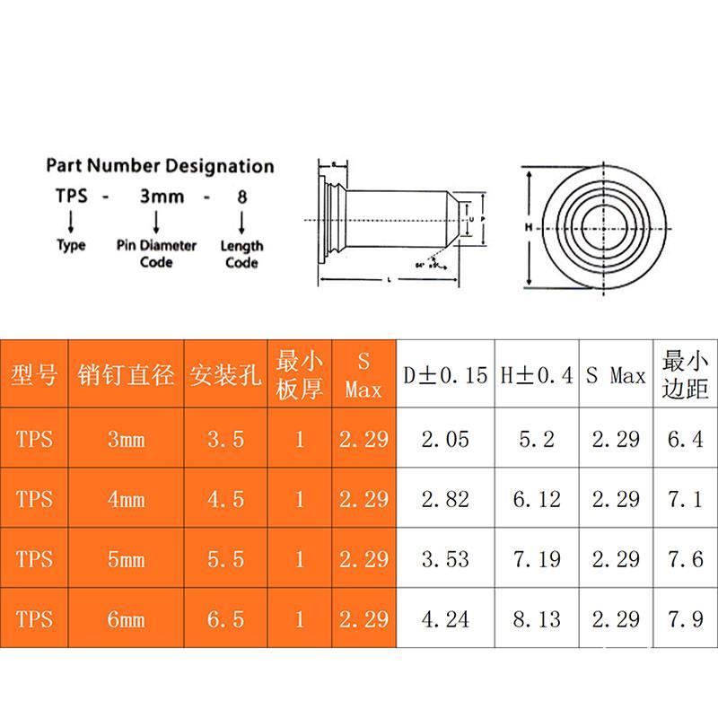 304不锈钢导向定位销TPS-3/4/5/6压铆销钉圆柱销自扣紧销圆形平头