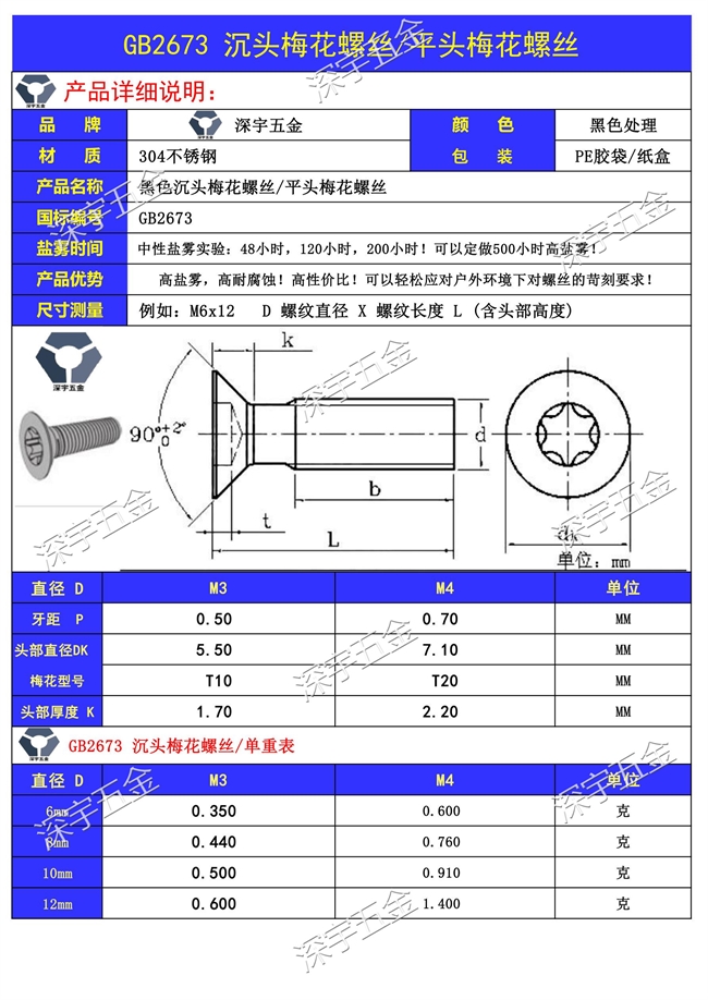 304黑色不锈钢梅花螺丝,gb2673沉头梅花螺丝,高盐雾黑