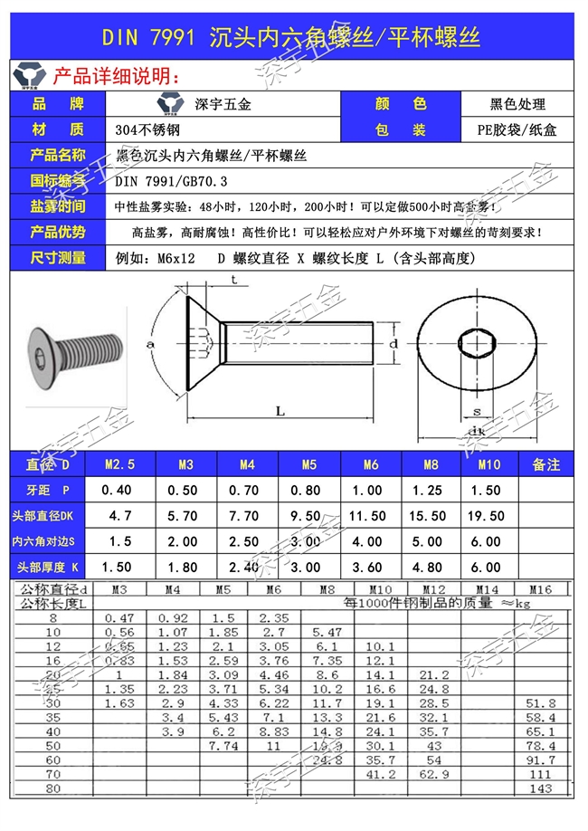 304黑色不锈钢平杯螺丝,din7991沉头内六角螺丝,高盐雾黑锌螺丝,耐