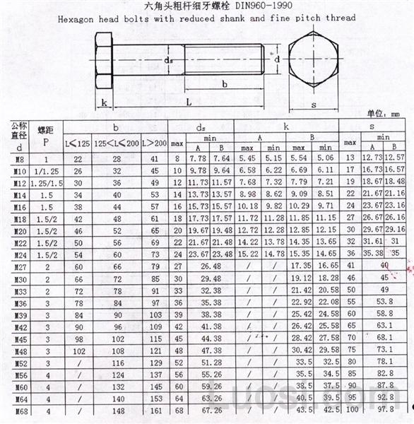 DIN 960-1990 六角头粗杆细牙螺栓