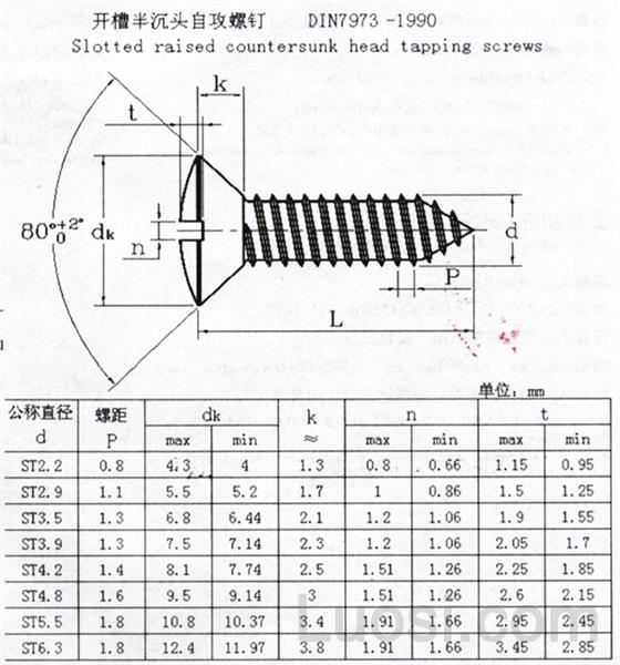 DIN 7973-1990 开槽半沉头自攻螺钉