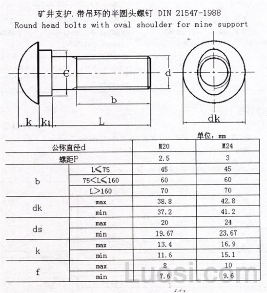 DIN 21547-1988 矿井支护.带吊环的半圆头螺钉