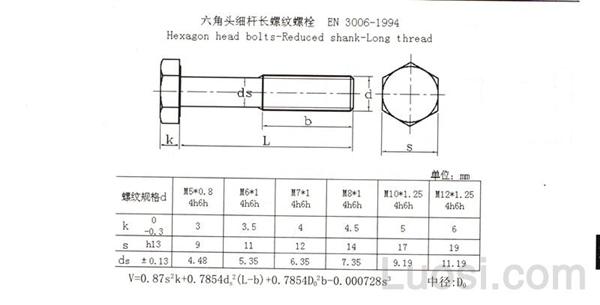 EN 3006-1994 细杆长螺纹六角头螺栓