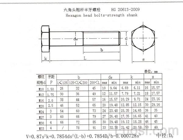 HG /T 20613-2009 六角头粗杆半牙螺栓